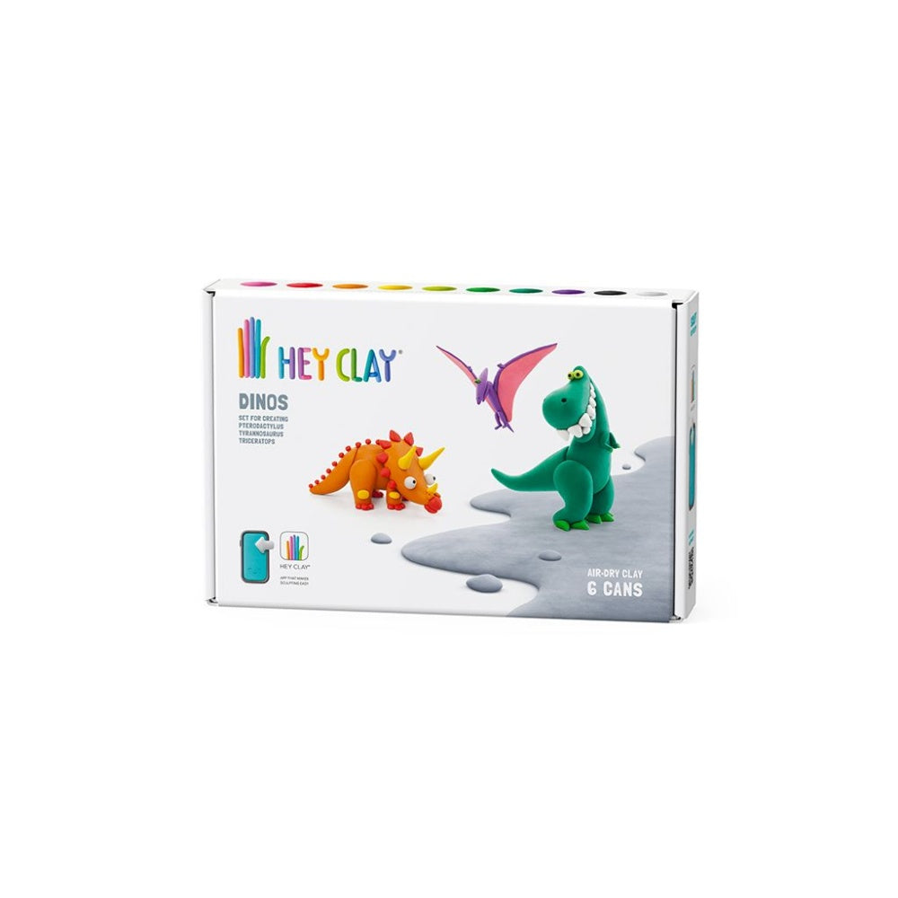 Hey Clay - Modelling Air-Dry Clay with Fun Interactive App - Pterodactylus, Triceratops, Tyrannosaurus, Series Dinos, 6 cans