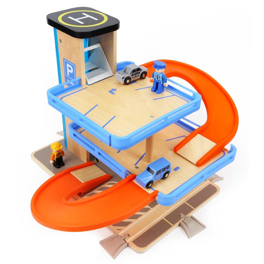 TopBright - Wooden Parking Garage Playset - 3-Level Car Ramp Toy with Cars