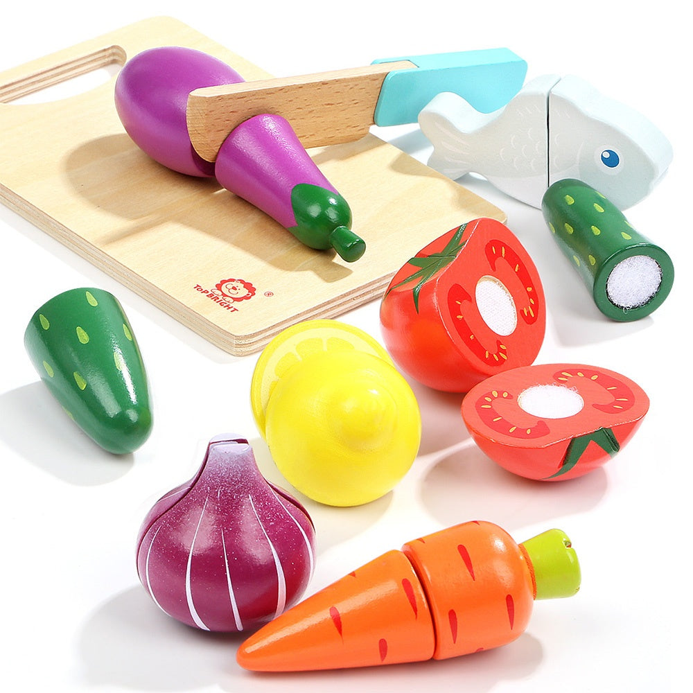 TopBright - Pretend Play Wooden Cutting Food Set, with Knife & Board-**