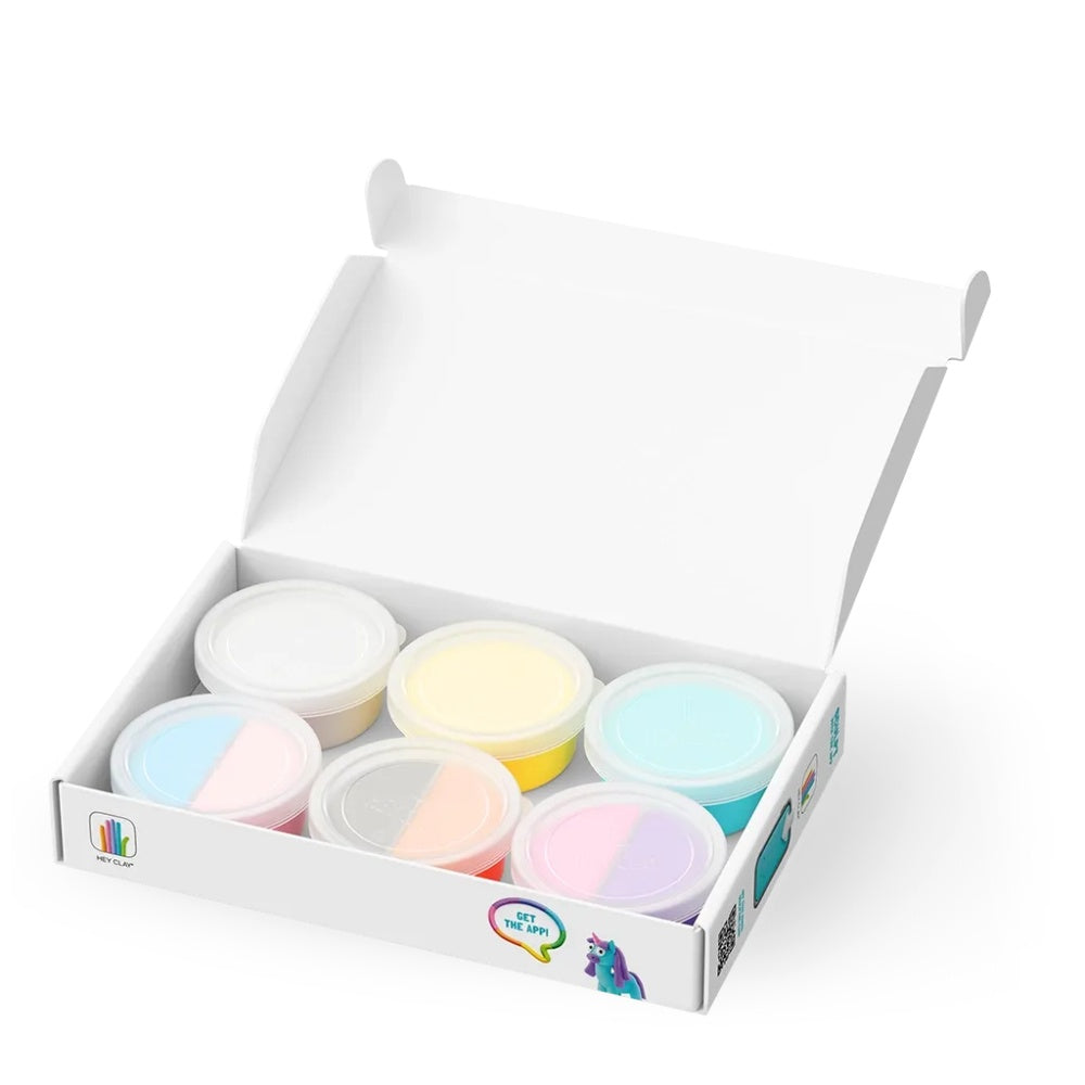 Hey Clay - Modelling Air-Dry Clay with Fun Interactive App - Lighty, Sunny, Rainy, Series Rainbow Unicorns, 6 cans