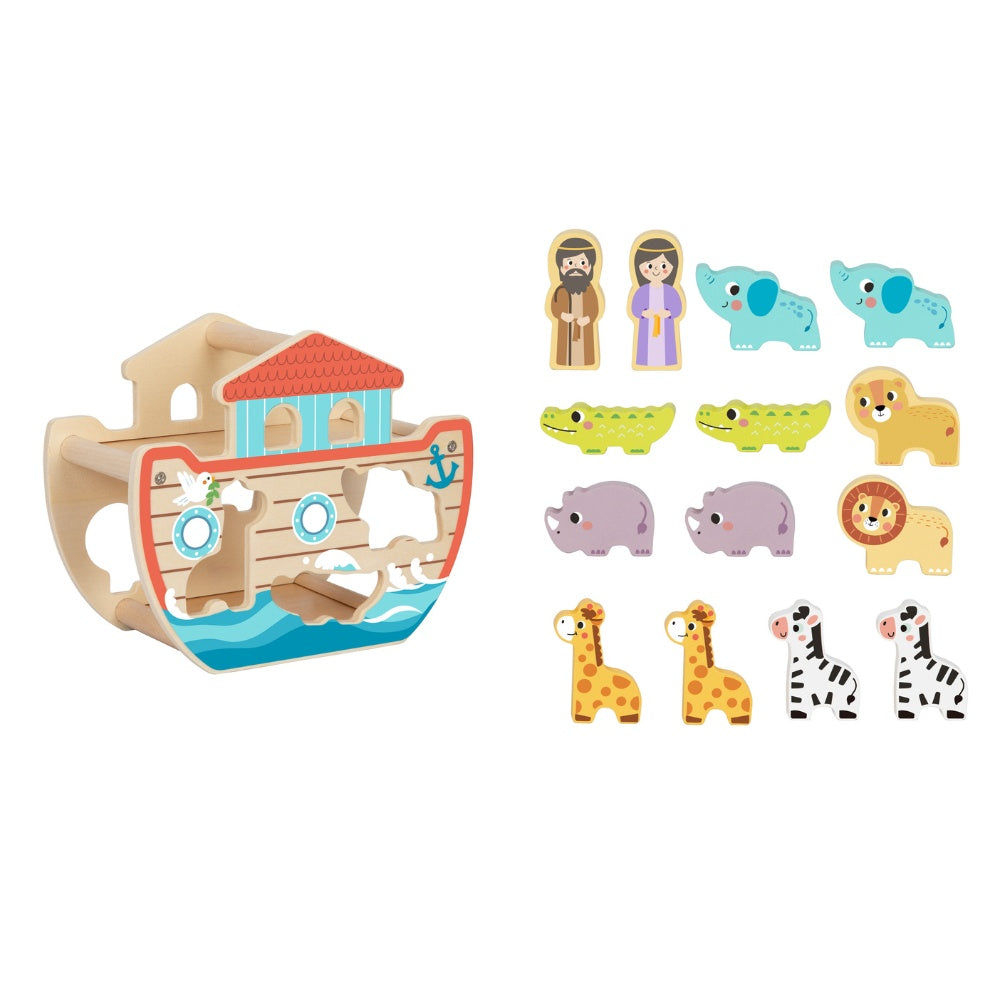 hi Pando - Wooden Noah's Ark Playset with Animal Figures - 15pcs