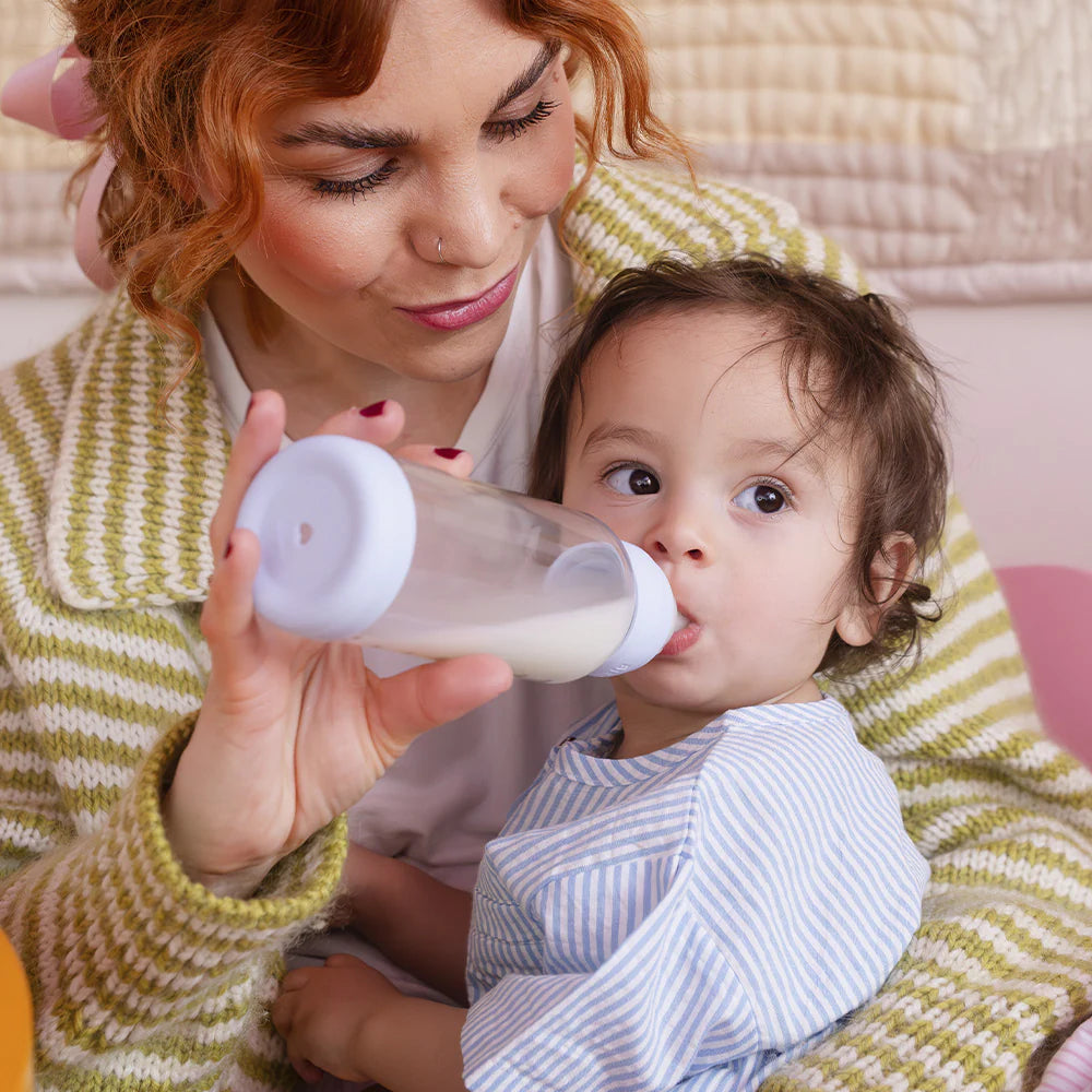 BIBS Glass Baby Bottle Round Silicone 240 ml Medium Flow Baby Blue