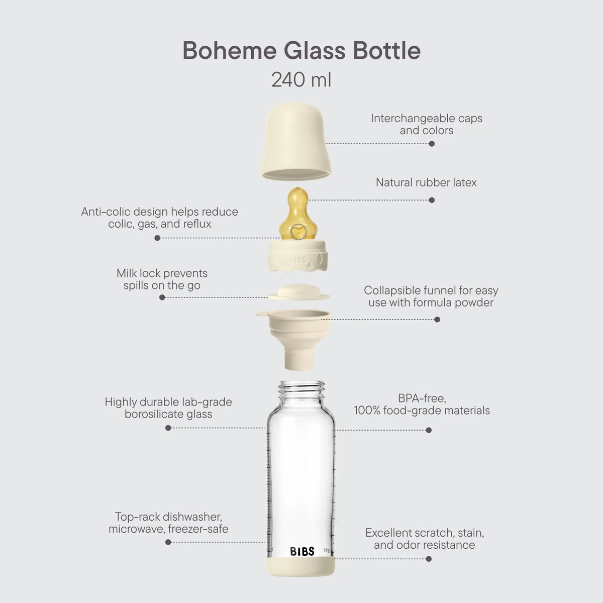 BIBS Boheme Glass Baby Bottle Latex 240ml Ivory