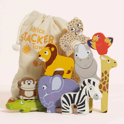 Le Toy Van - Wooden Stacking African Animals & Bag - 10pcs
