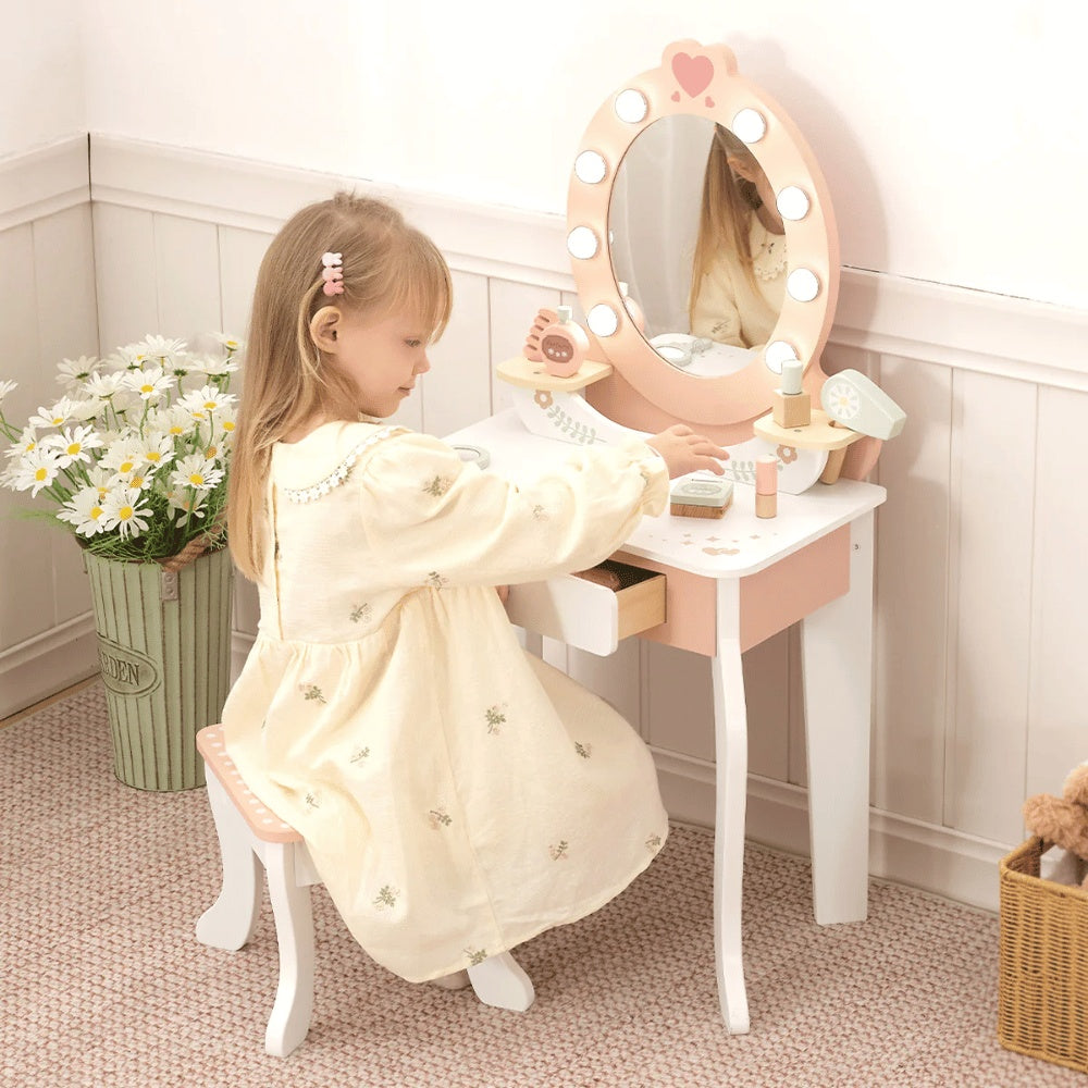 TookyToy - Wooden Vanity Table with Light-Up Mirror & Stool