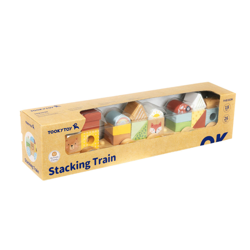 TookyToy - Wooden Pull-Along Stacking Train Toy Set - 26 Pieces