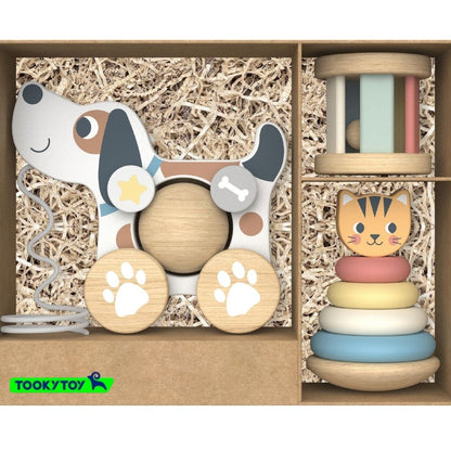 TookyToy - 3-in-1 Wooden Toy Gift Set - Rattle, Stacking Tower and Pull-Along Puppy - Motherhood