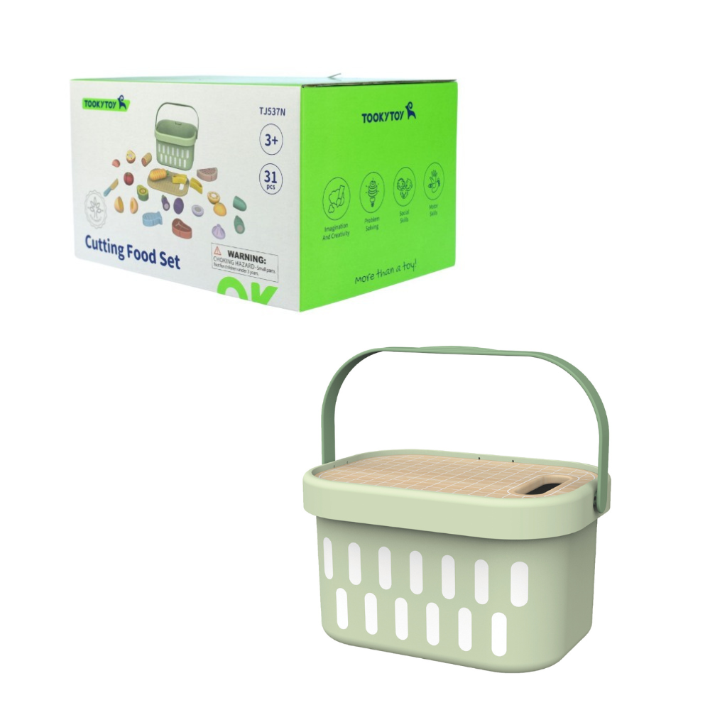 TookyToy - Wooden Cutting Food Play Set in Portable Storage Box - 31 Pieces - Motherhood