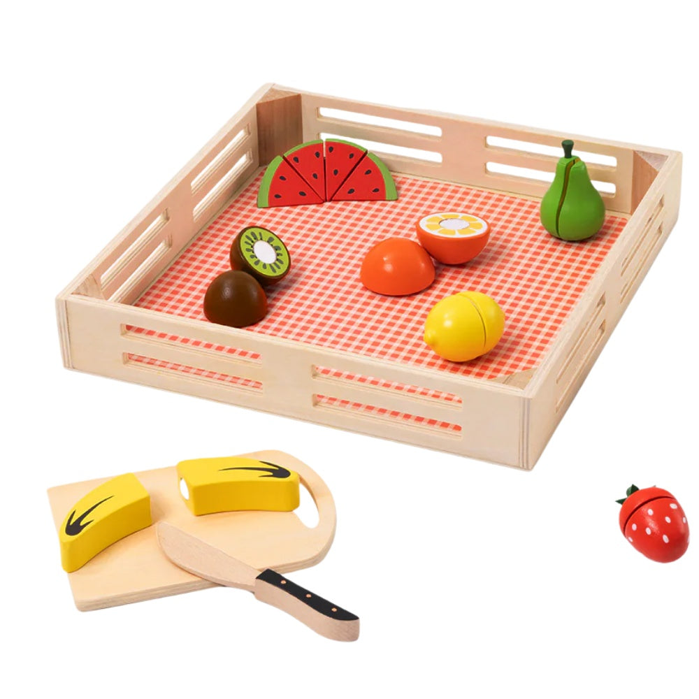 TookyToy - Pretend Play Wooden Cutting Fruit Picnic Toy Set