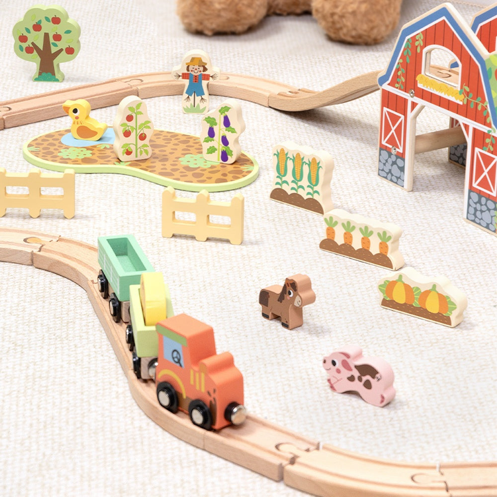 TookyToy - Wooden Farm Train Track Set - 50 Pieces