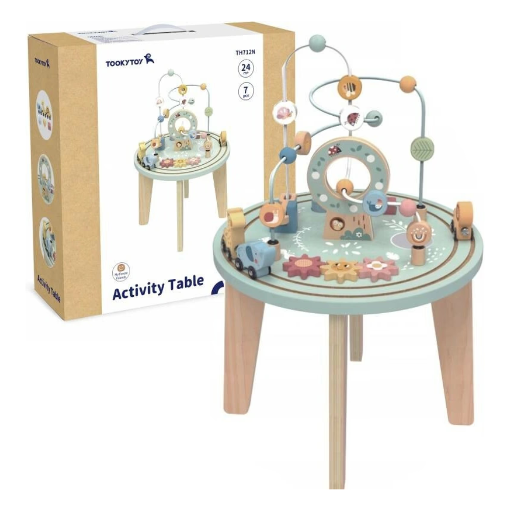 TookyToy - Wooden Activity Table with Bead Maze Shape Sorter