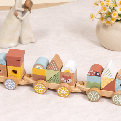 TookyToy - Wooden Pull-Along Stacking Train Toy Set - 26 Pieces