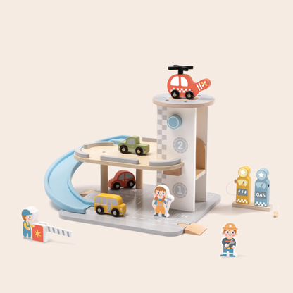 TookyToy - Parking Garage: Wooden Car Ramp Playset - 13pcs