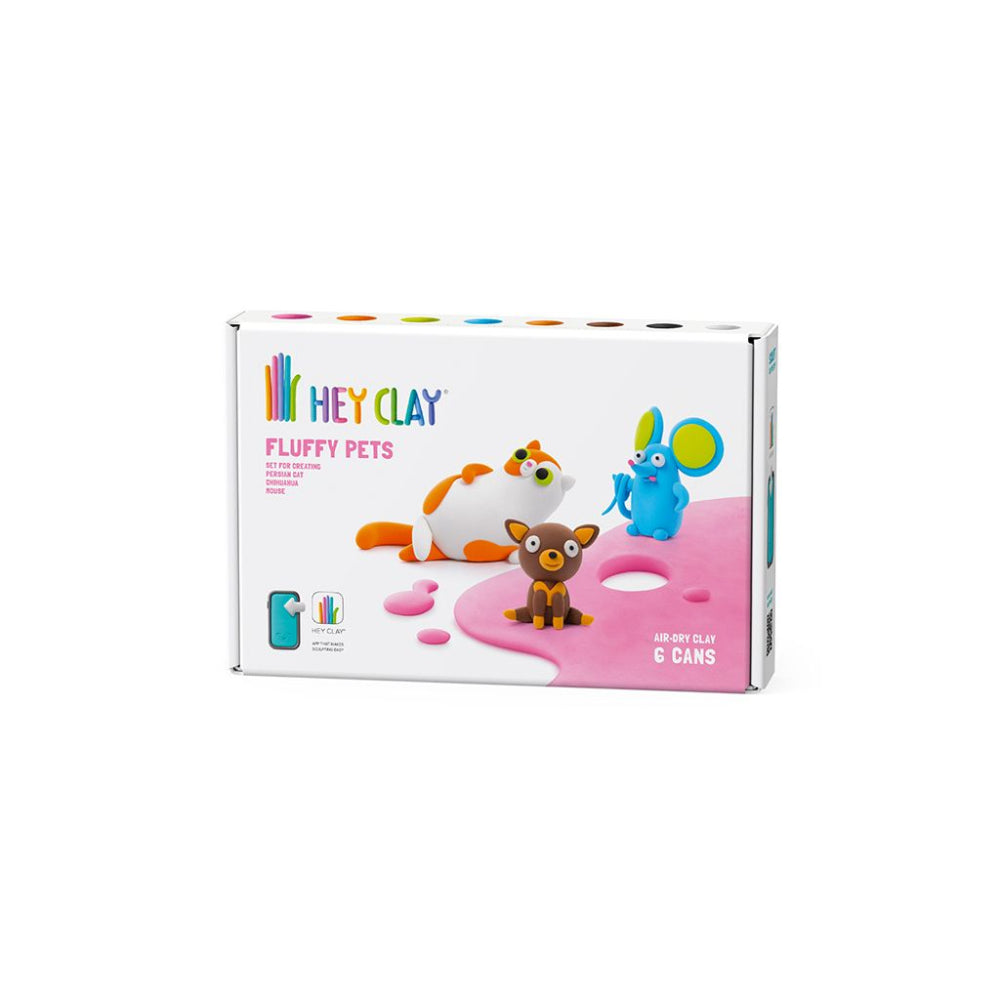 Hey Clay - Modelling Air-Dry Clay with Fun Interactive App - Persian cat, Mouse, Chihuahua, Series Fluffy Pets, 6 cans