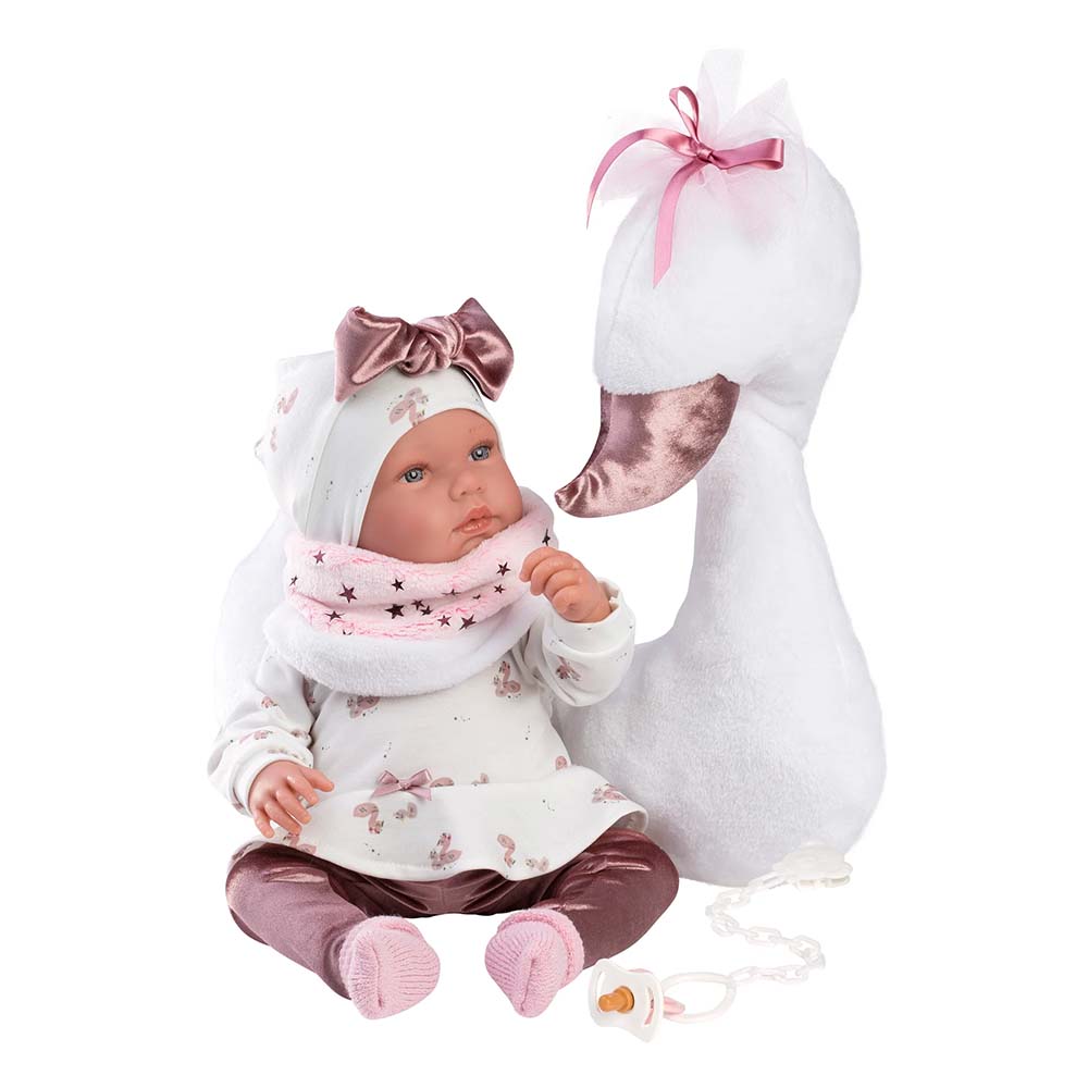 Llorens - Baby Girl Doll With Clothing And Accessories: Tina Llorona With Swan Cushion- 44cm (Crying Mechanism)