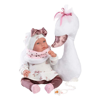 Llorens - Baby Girl Doll With Clothing And Accessories: Tina Llorona With Swan Cushion- 44cm (Crying Mechanism)