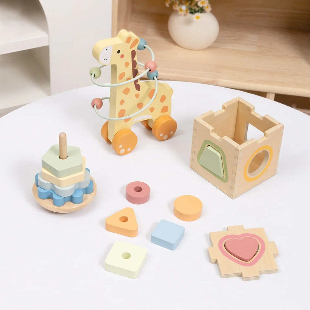 TookyToy - 3-in-1 Wooden Gift Set - Giraffe Pull-Along, Stacking Tower and Shape Sorter