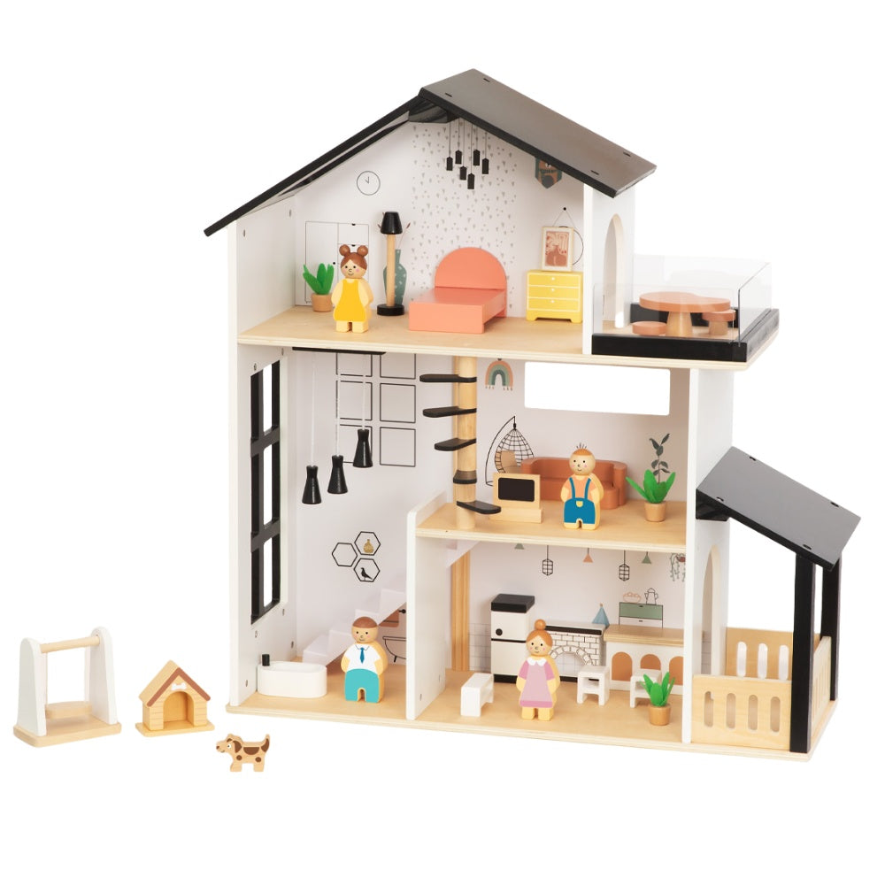 TookyToy - Wooden Dollhouse Toy Set with Furniture and Accessories