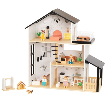TookyToy - Wooden Dollhouse Toy Set with Furniture and Accessories