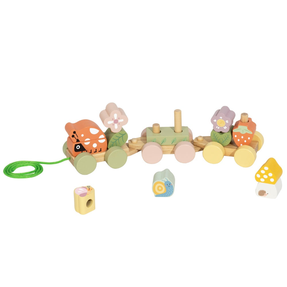 TookyToy - Wooden Ladybug Pull-Along & Stacking Train Toy Set - 15 Pieces