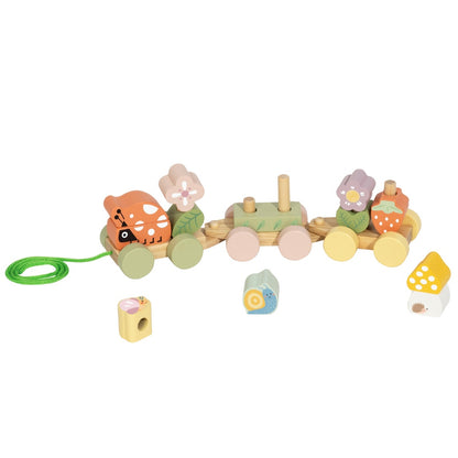 TookyToy - Wooden Ladybug Pull-Along & Stacking Train Toy Set - 15 Pieces