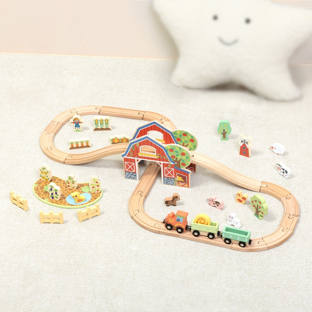 TookyToy - Wooden Farm Train Track Set - 50 Pieces