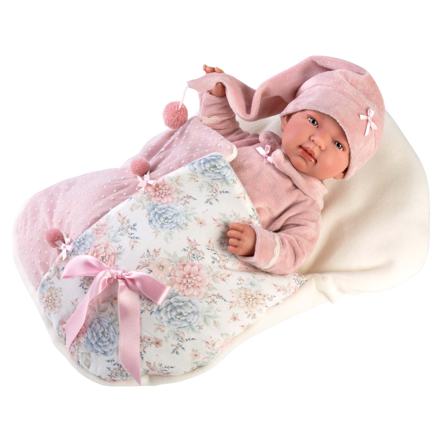 Llorens - Tina Baby Girl Doll with Clothing, Accessories & Multi-Functional Vintage Cushion - 44cm (Mechanism Optional)