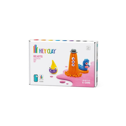 Hey Clay - Modelling Air-Dry Clay with Fun Interactive App - Worm, Ginger, Yollo, Series Beasts, 6 cans