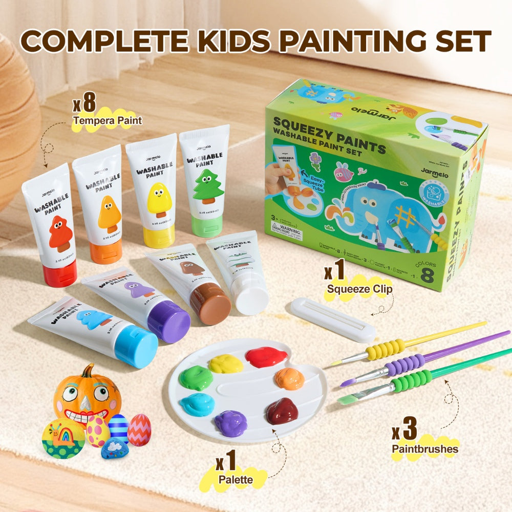 Jar Meló - Washable Squeezy Paint Set for Kids - 8 Colours with Brushes & Palette
