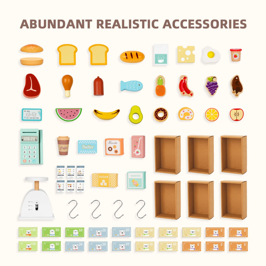 TookyToy - Pretend Play Wooden Grocery Store Playset with Accessories