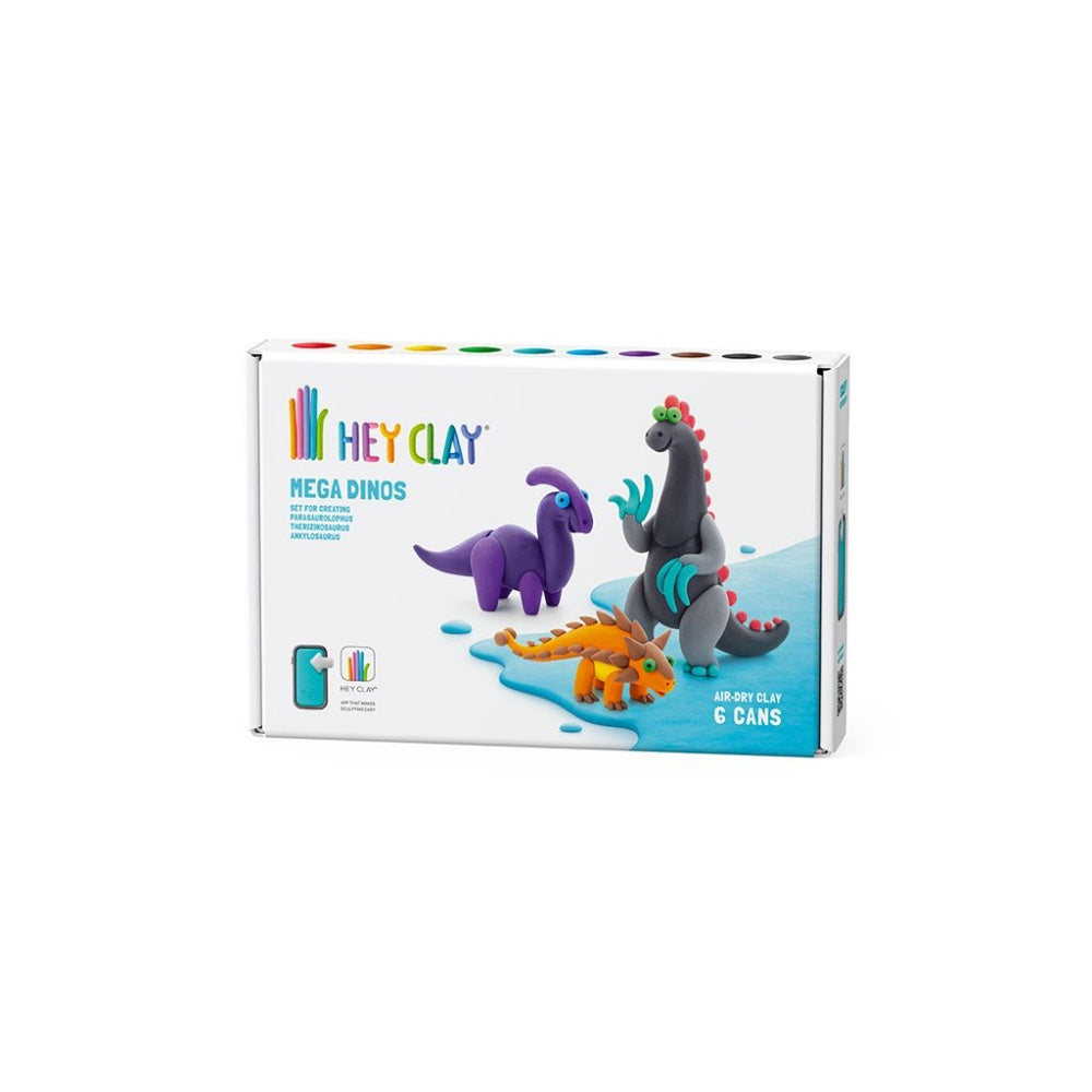 Hey Clay - Modelling Air-Dry Clay with Fun Interactive App - Ankylosaurus, Parasaurolophus, Therizinosaurus, Series Mega Dinos, 6 cans