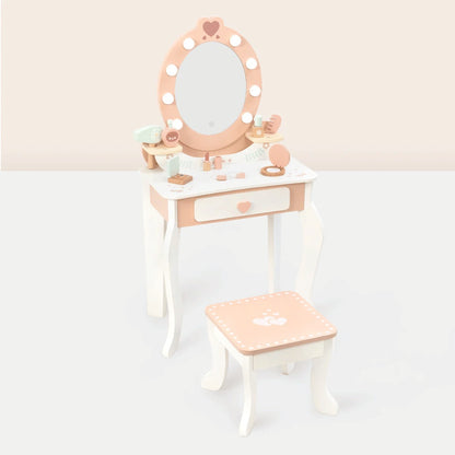 TookyToy - Wooden Vanity Table with Light-Up Mirror & Stool