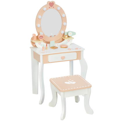 TookyToy - Wooden Vanity Table with Light-Up Mirror & Stool