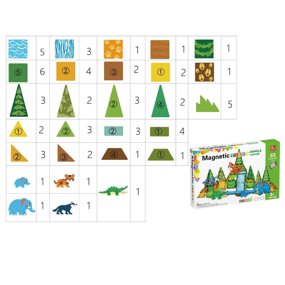 Magnetic Tiles - Jungle Animals Set - 65 Pieces