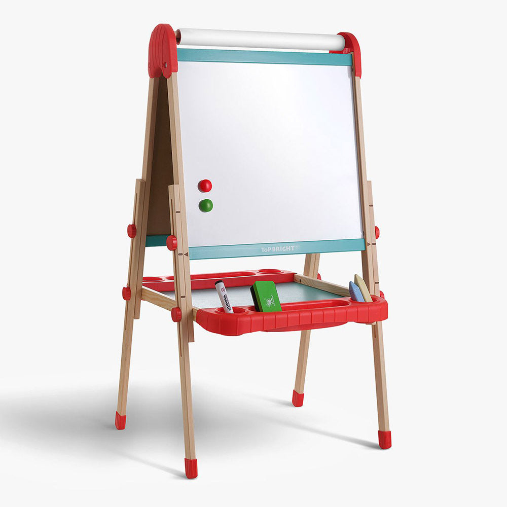 TopBright - 2 in 1 Deluxe Standing Art Easel - Adjustable Height - Black & White Board with Paper & Paint Holder - 54 x 49 x 112 cm