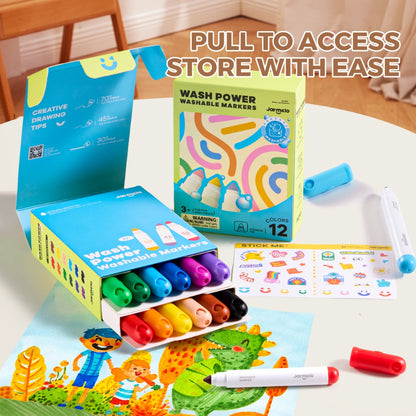 Jar Meló - Washable Markers - Broad Tip, 12 Vibrant Colours for Kids