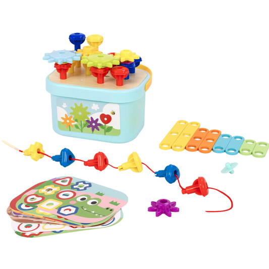 TookyToy - 3-in-1 Activity: Pegs, Gears & Lacing Fine Motor Toy for Kids