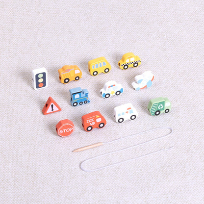 TookyToy - Fine Motor Wooden Lacing Blocks - Transport Set - 13 Pieces
