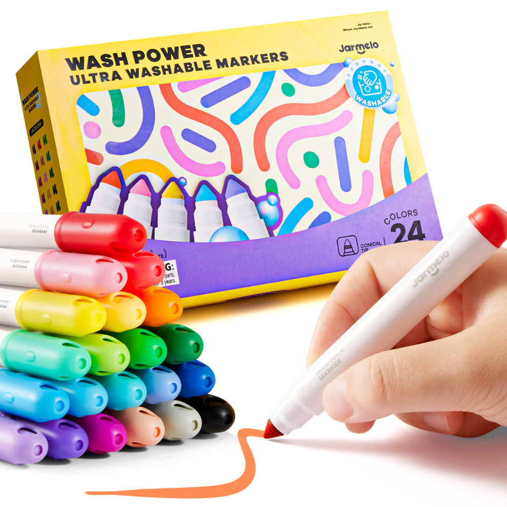 Jar Meló - Washable Markers - 24 Non-Toxic Colours with Conical Tips