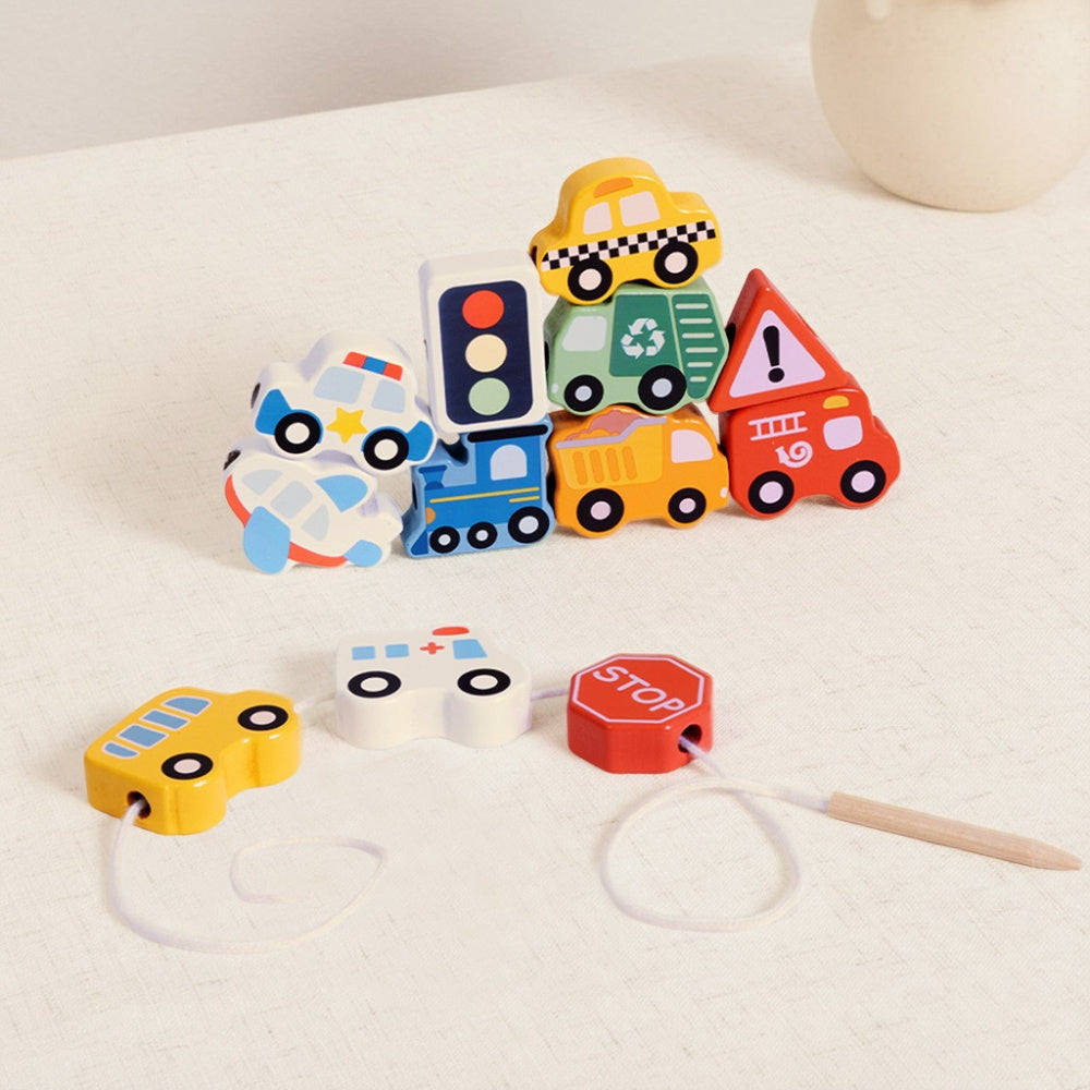 TookyToy - Fine Motor Wooden Lacing Blocks - Transport Set - 13 Pieces