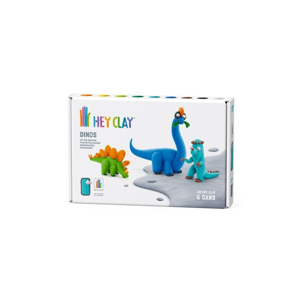 Hey Clay - Modelling Air-Dry Clay with Fun Interactive App - Stegosaurus, Pachycephalosaurus, Brachiosaurus, Series Dinos, 6 cans