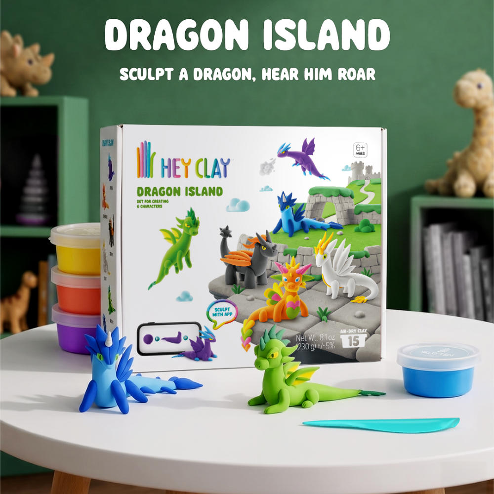 Hey Clay - Modelling Air-Dry Clay with Fun Interactive App - Dragon Island, 15 cans