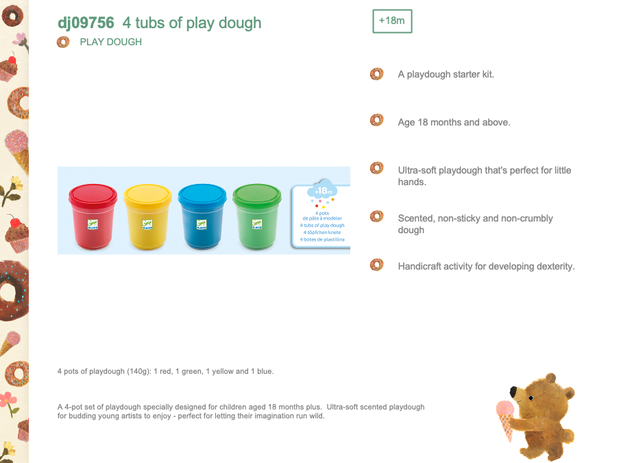 Djeco 4 tubs of play dough - basic colors - DJ09756