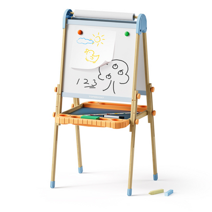 TopBright - 2 in 1 Deluxe Standing Art Easel - Adjustable Height - Black & White Board with Paper & Paint Holder - 54 x 49 x 112 cm