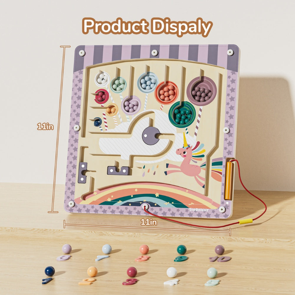 TopBright - Wooden Unicorn Magnetic Maze - Colour Sorting & Matching