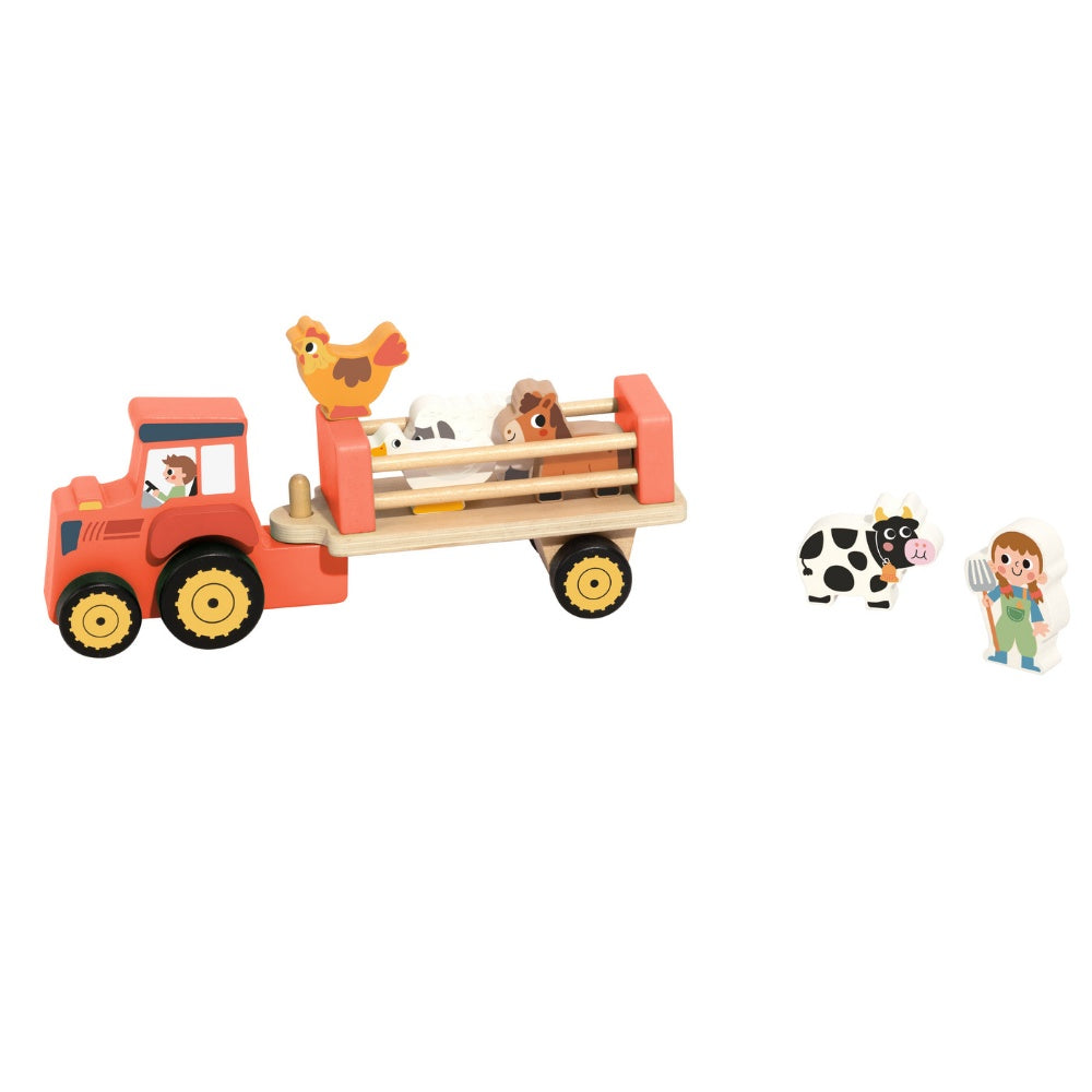 TookyToy - Pretend Play Wooden Farm Animal Tractor Toy Set - 8 Pieces
