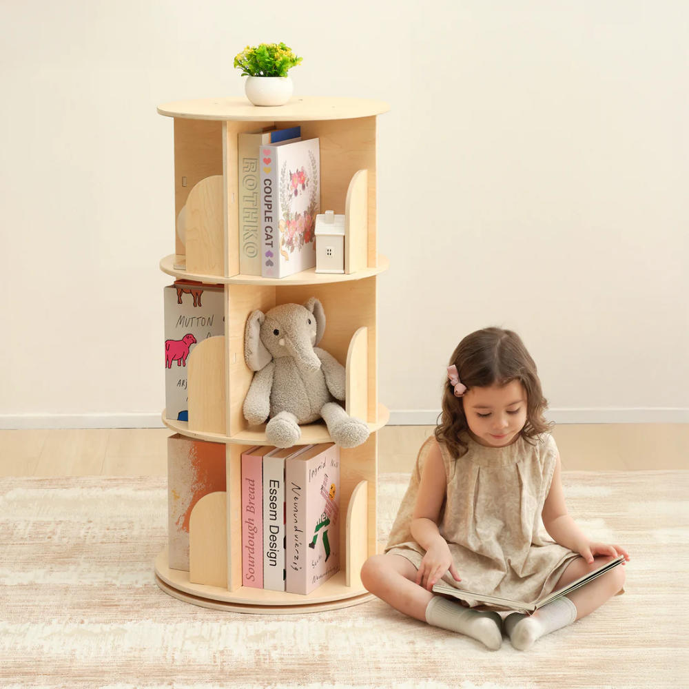 TookyToy - Wooden Rotating Bookshelf, Standing Bookcase for Kids Room