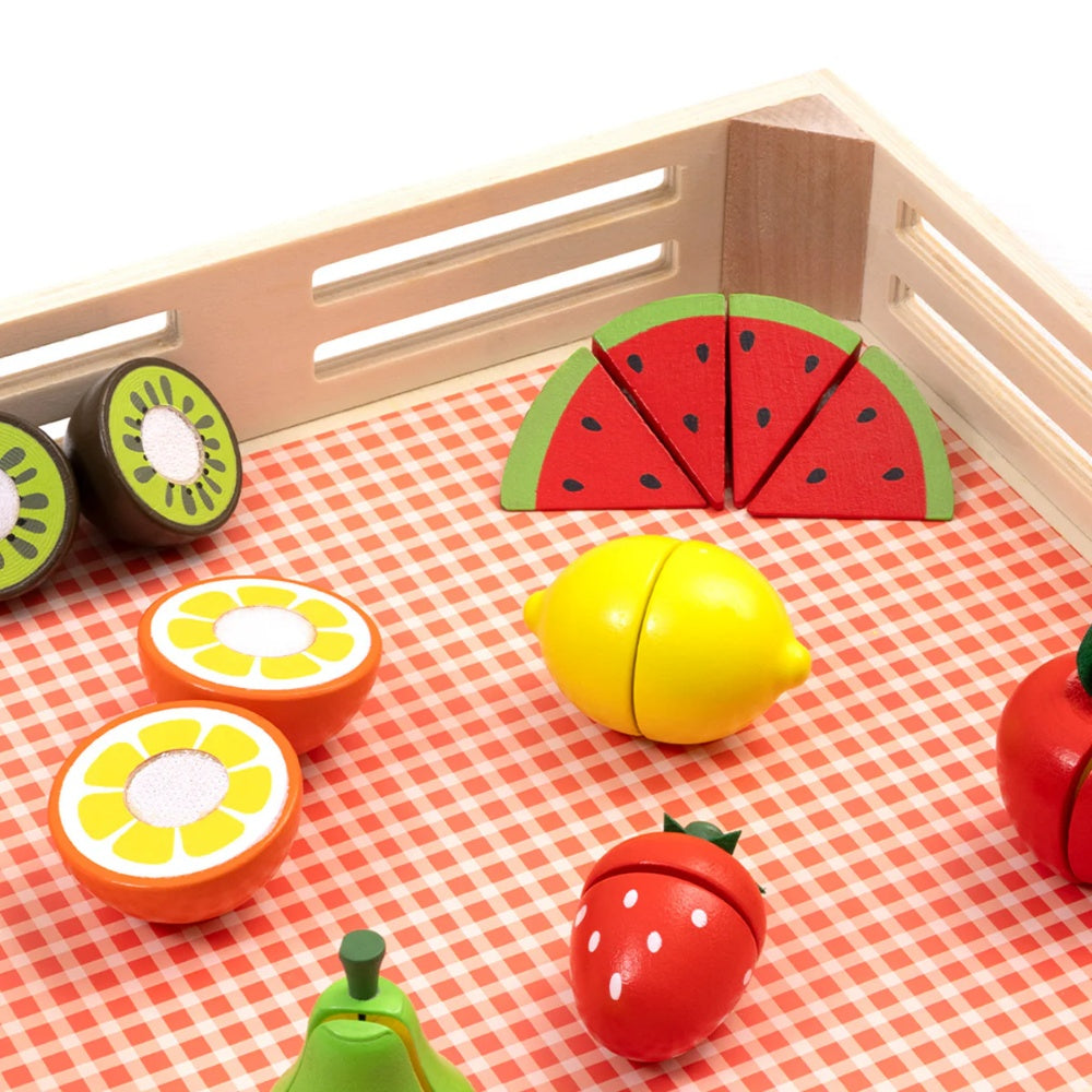 TookyToy - Pretend Play Wooden Cutting Fruit Picnic Toy Set