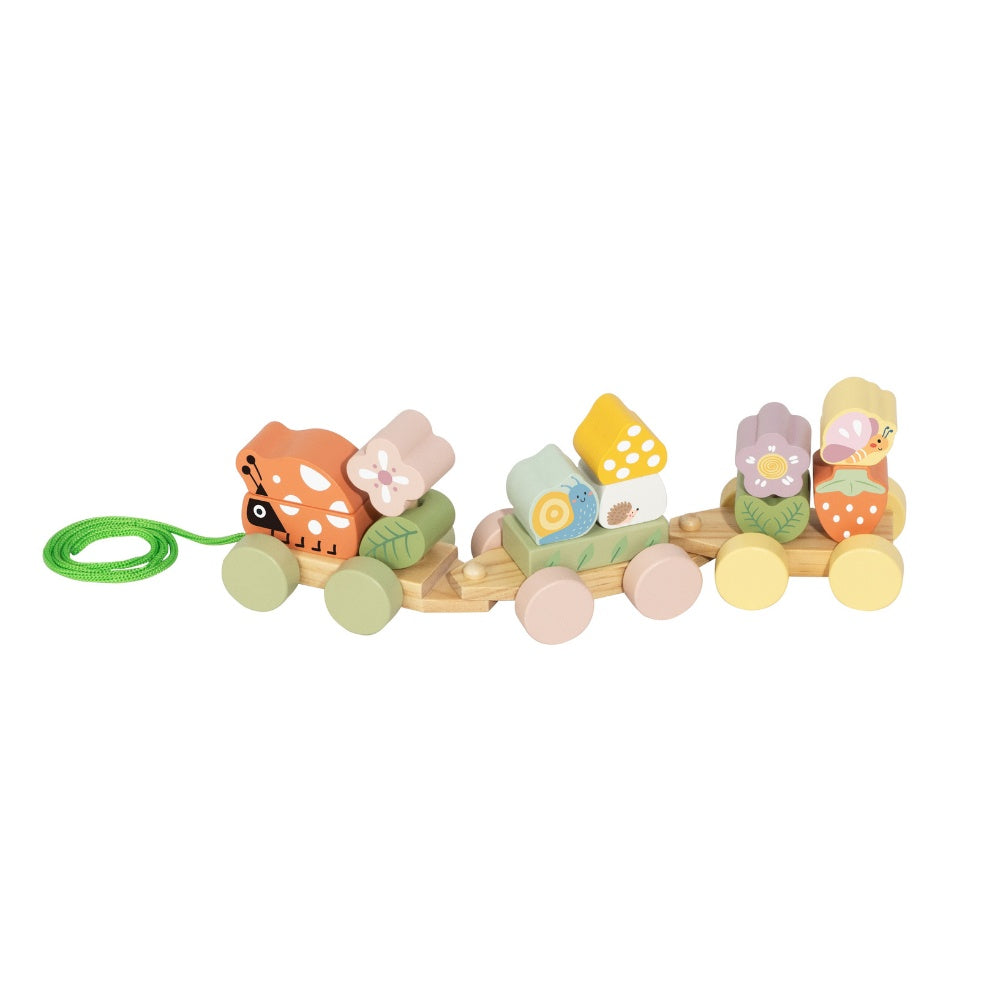 TookyToy - Wooden Ladybug Pull-Along & Stacking Train Toy Set - 15 Pieces