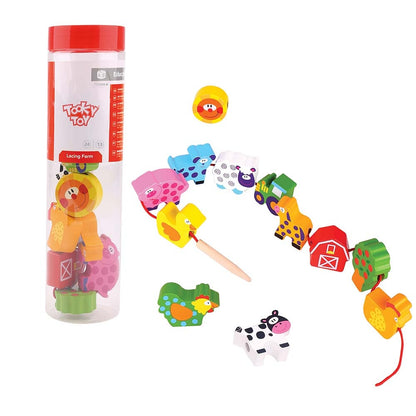 TookyToy - Fine Motor Lacing Blocks - Farm Animals Set